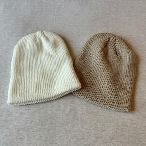 Unbranded Knit Beanie Hat Set of 2 Cream Tan Neutral Ribbed Skully